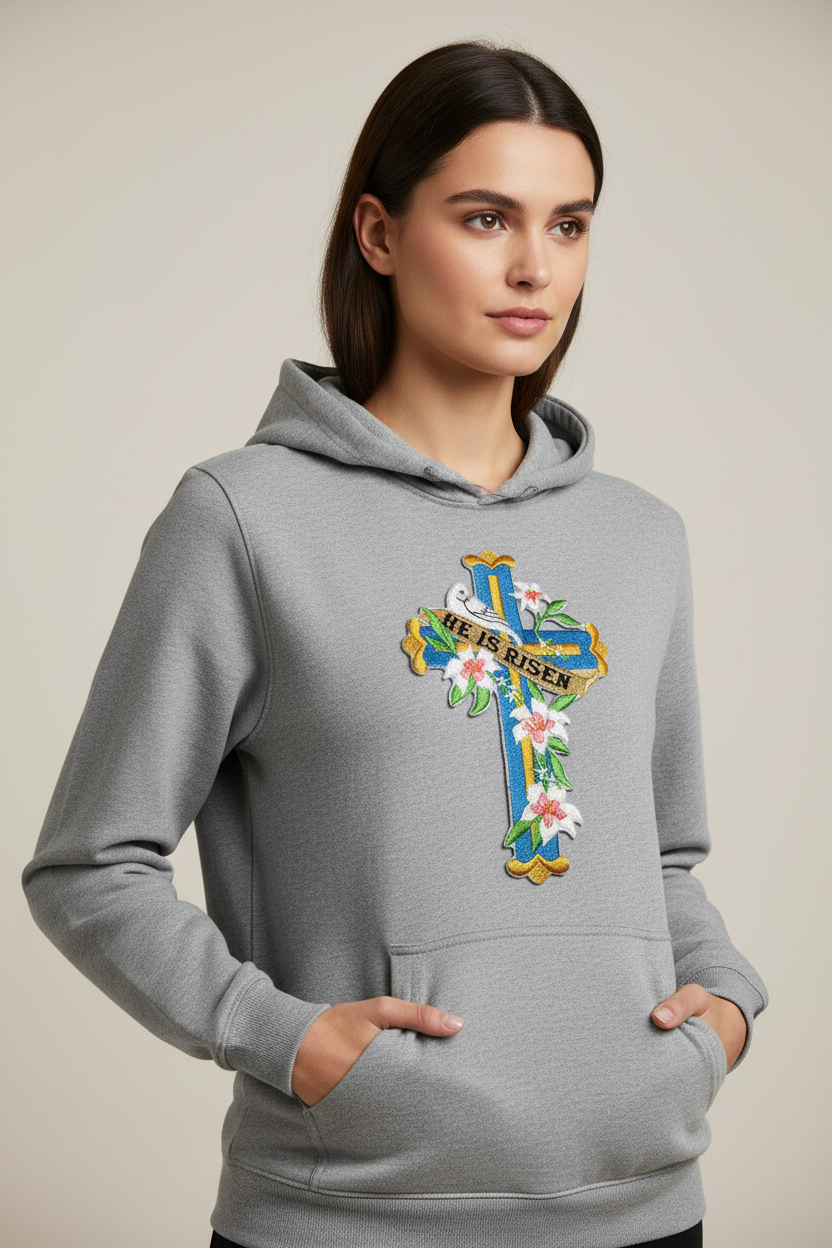 Model wearing hoodie with Easter cross patch on chest