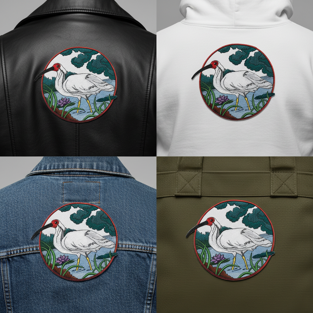 Whooping crane patch shown on different fabrics - jacket, hoodie, denim, canvas bag