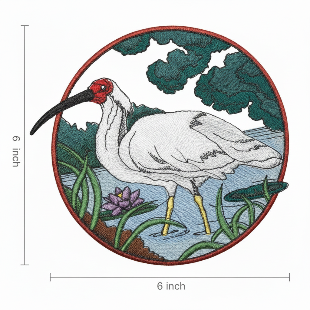 Whooping crane patch with size measurement guide showing dimensions