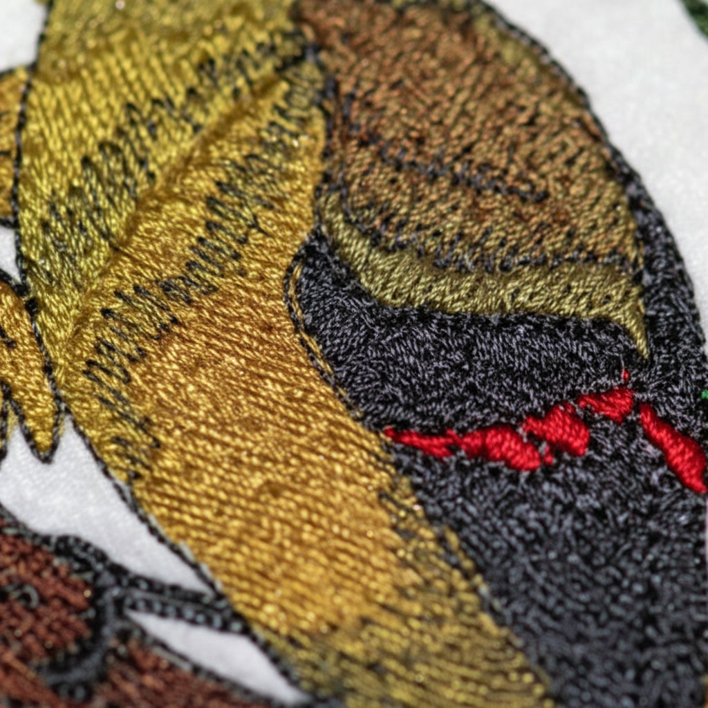 Extreme macro close-up of yellow and red embroidery stitching detail