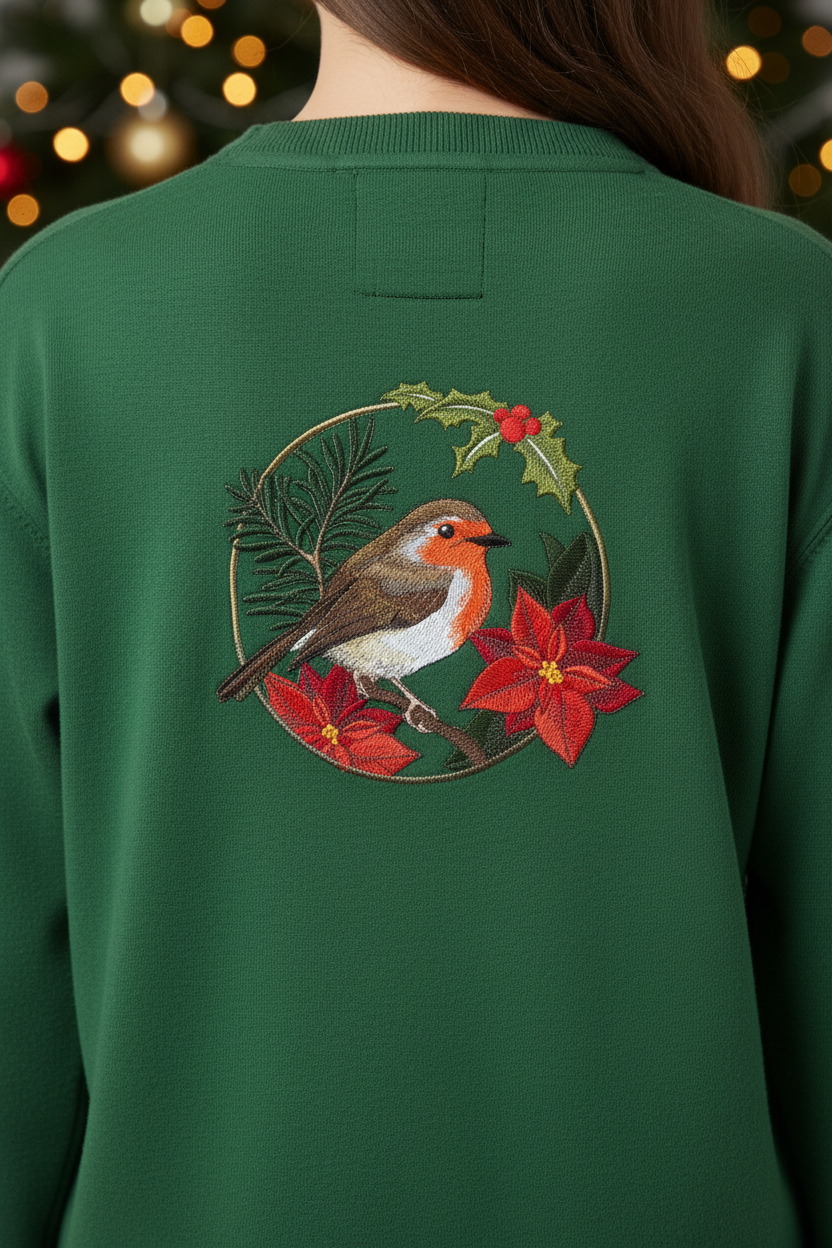 Model wearing sweater with European robin Christmas patch on back