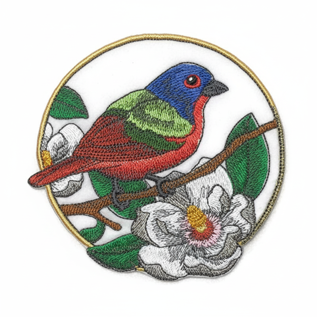 Painted bunting and magnolia embroidered patch on white background