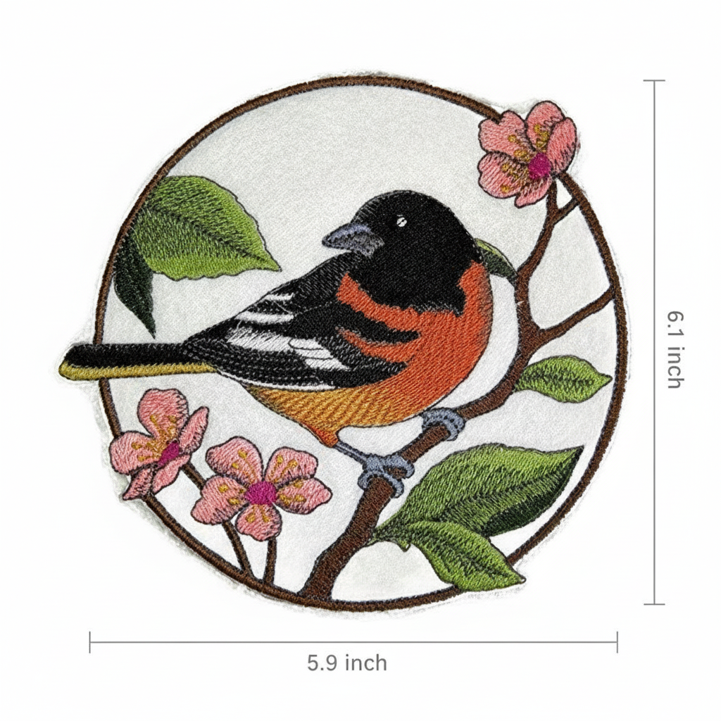 Oriole & Cherry Blossom patch with size reference measuring lines showing 6.1 x 5.9 inch dimensions