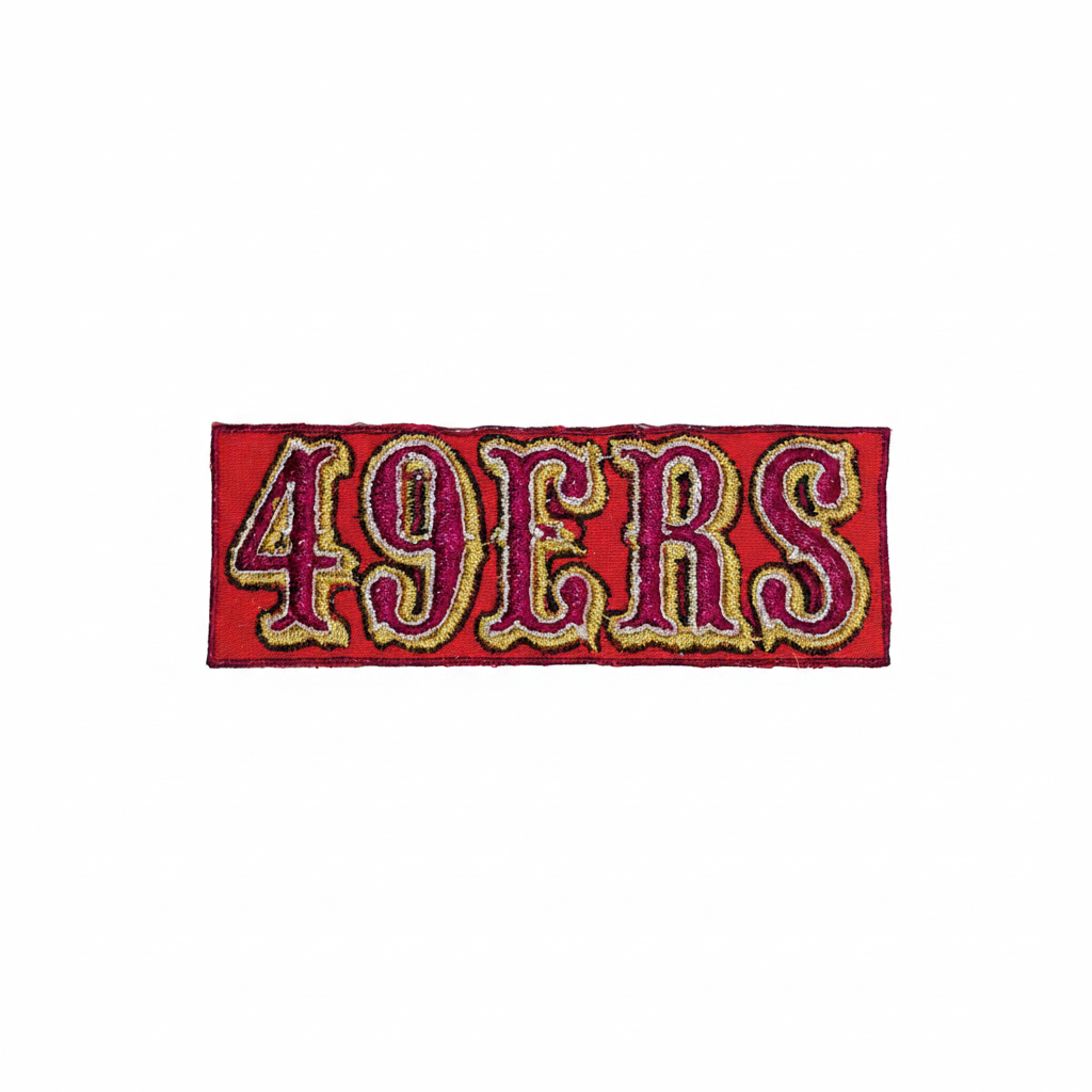 49ERS embroidered wordmark patch on a white background