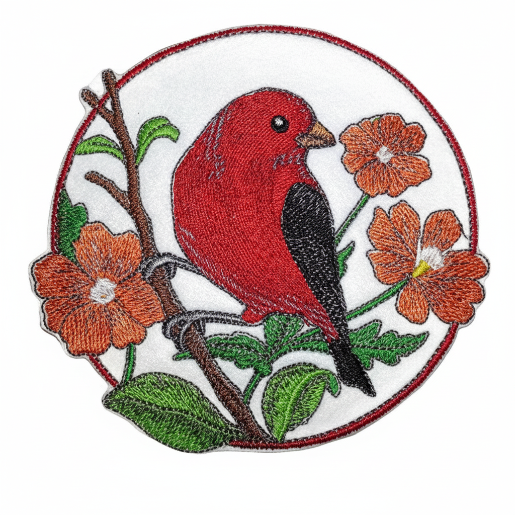 Scarlet tanager and orange flowers embroidered patch on white background