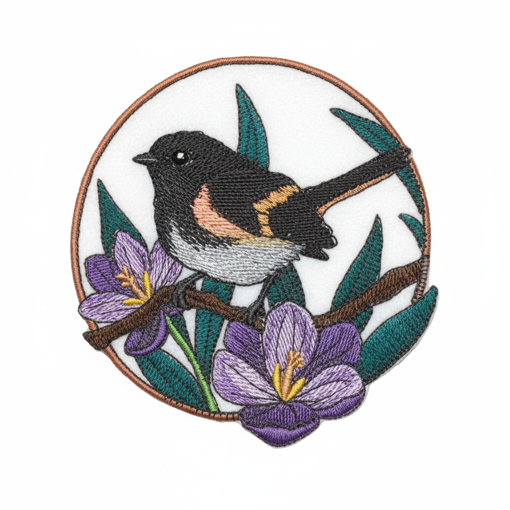 American redstart and crocus embroidered patch on white background