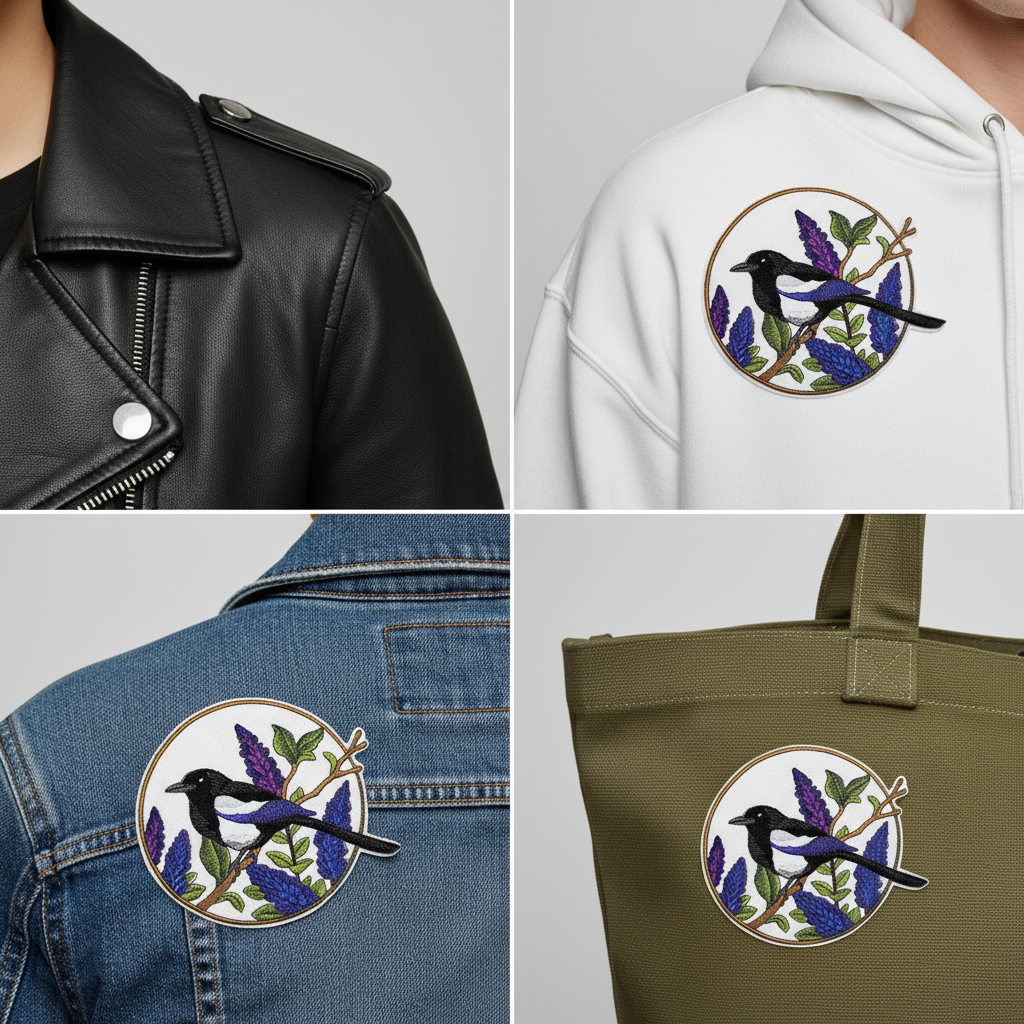 Magpie patch shown on different fabrics - jacket, hoodie, denim, canvas bag