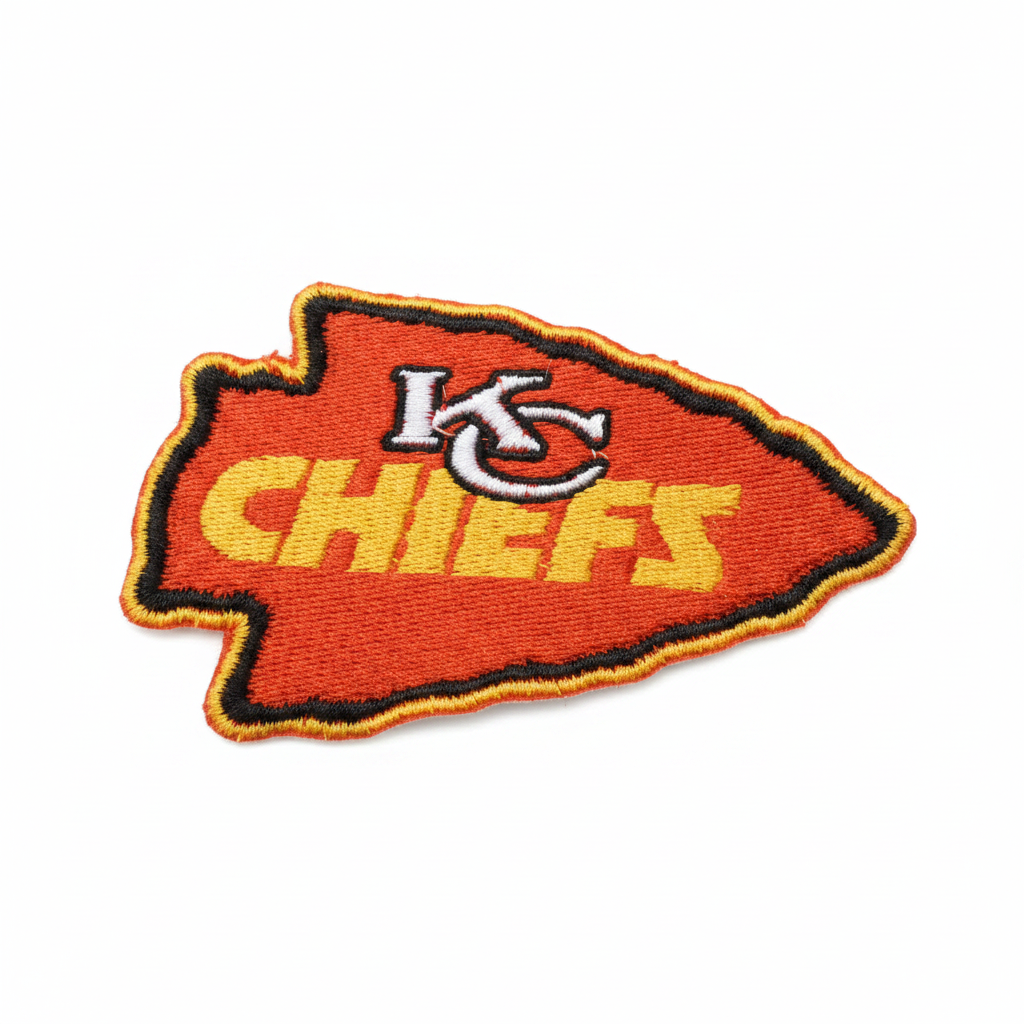 Kansas City Chiefs CHIEFS wordmark arrowhead embroidered patch on a white background