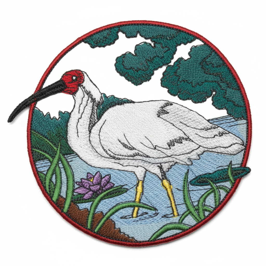 Whooping crane and wetland embroidered patch on white background
