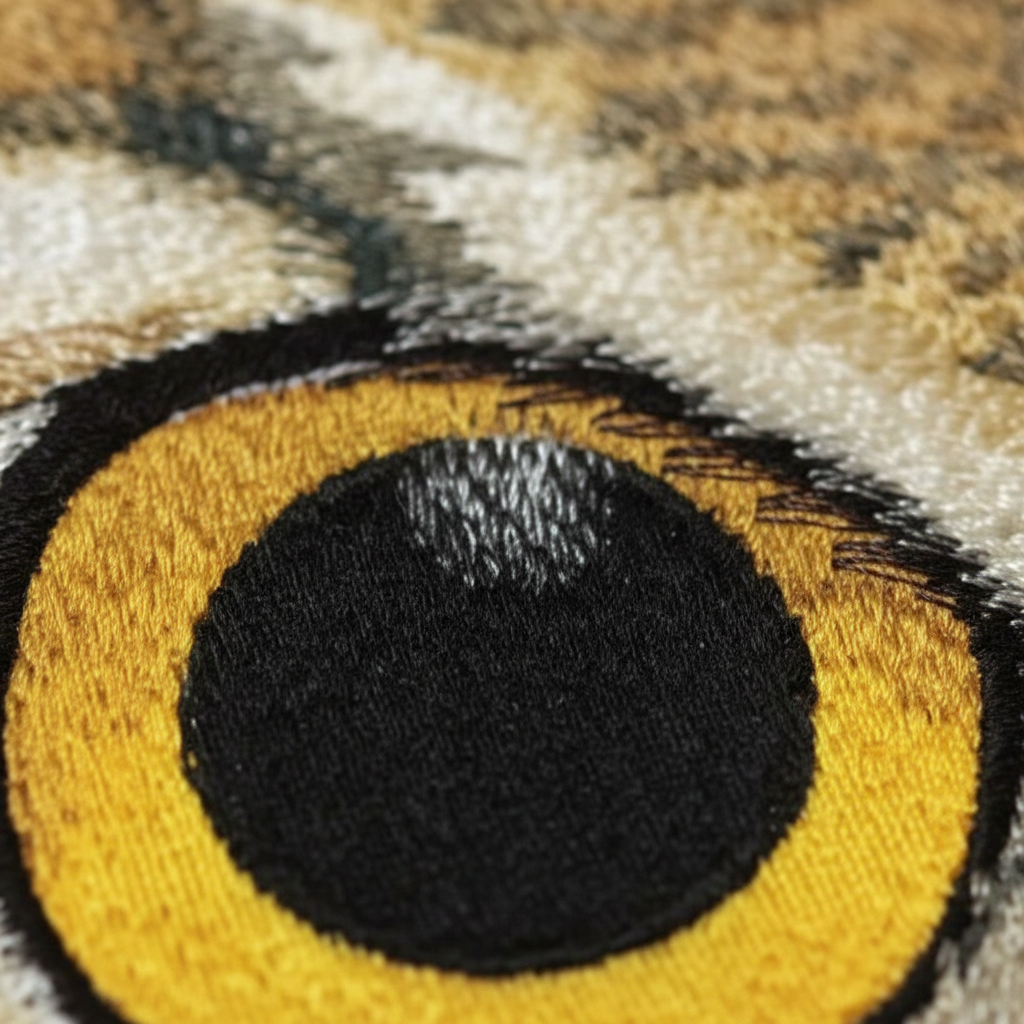 HD extreme macro close-up of owl eye patch embroidery stitching detail