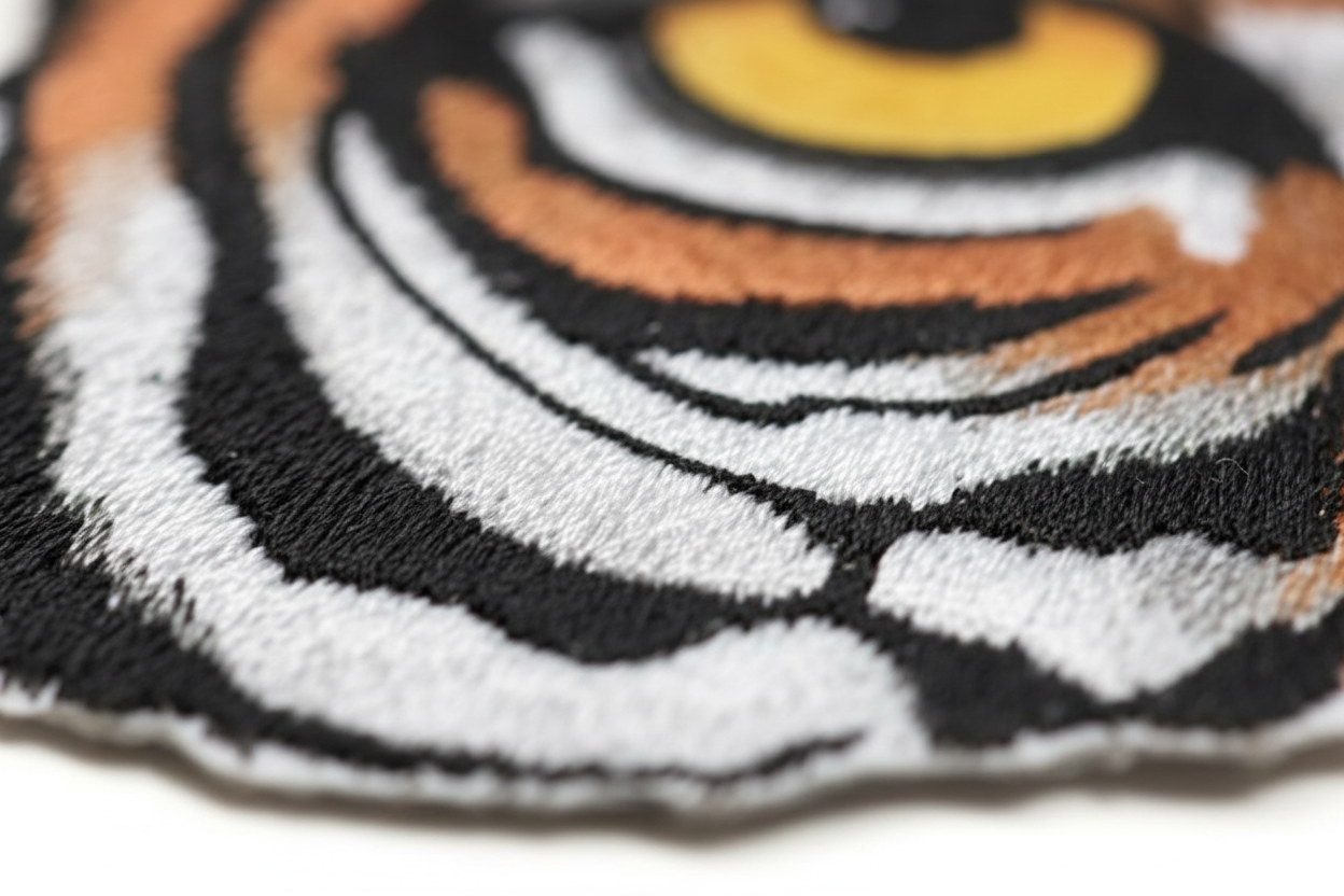Extreme macro detail of tiger eye embroidery stitching and thread texture