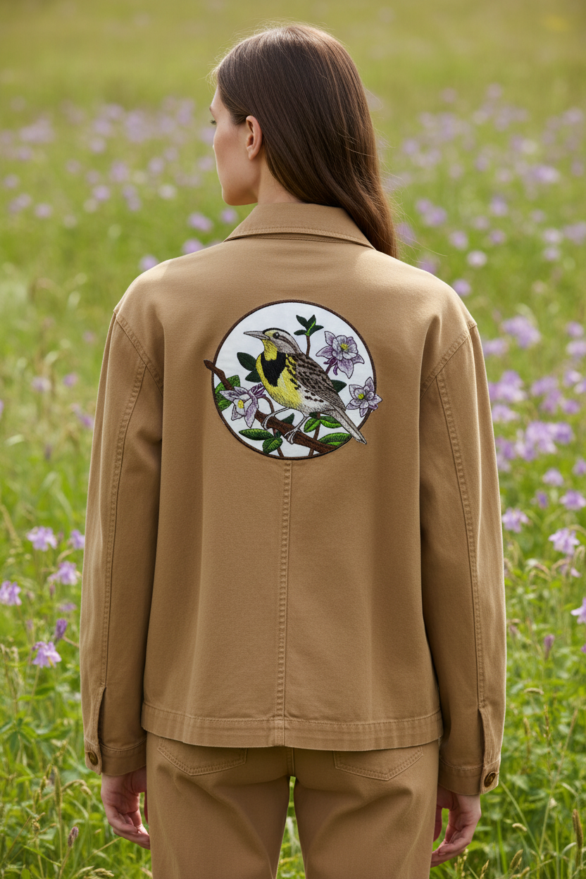 Model wearing jacket with meadowlark patch on back