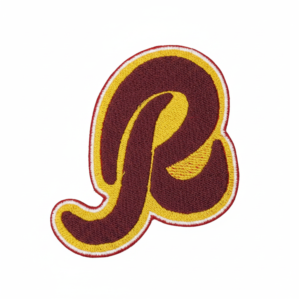 Burgundy and gold embroidered logo patch on a white background