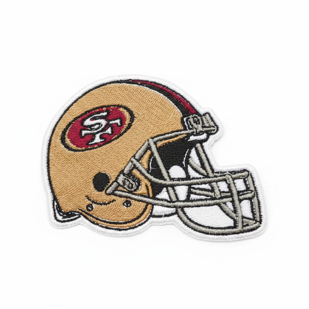 San Francisco 49ers football helmet embroidered patch on a white background