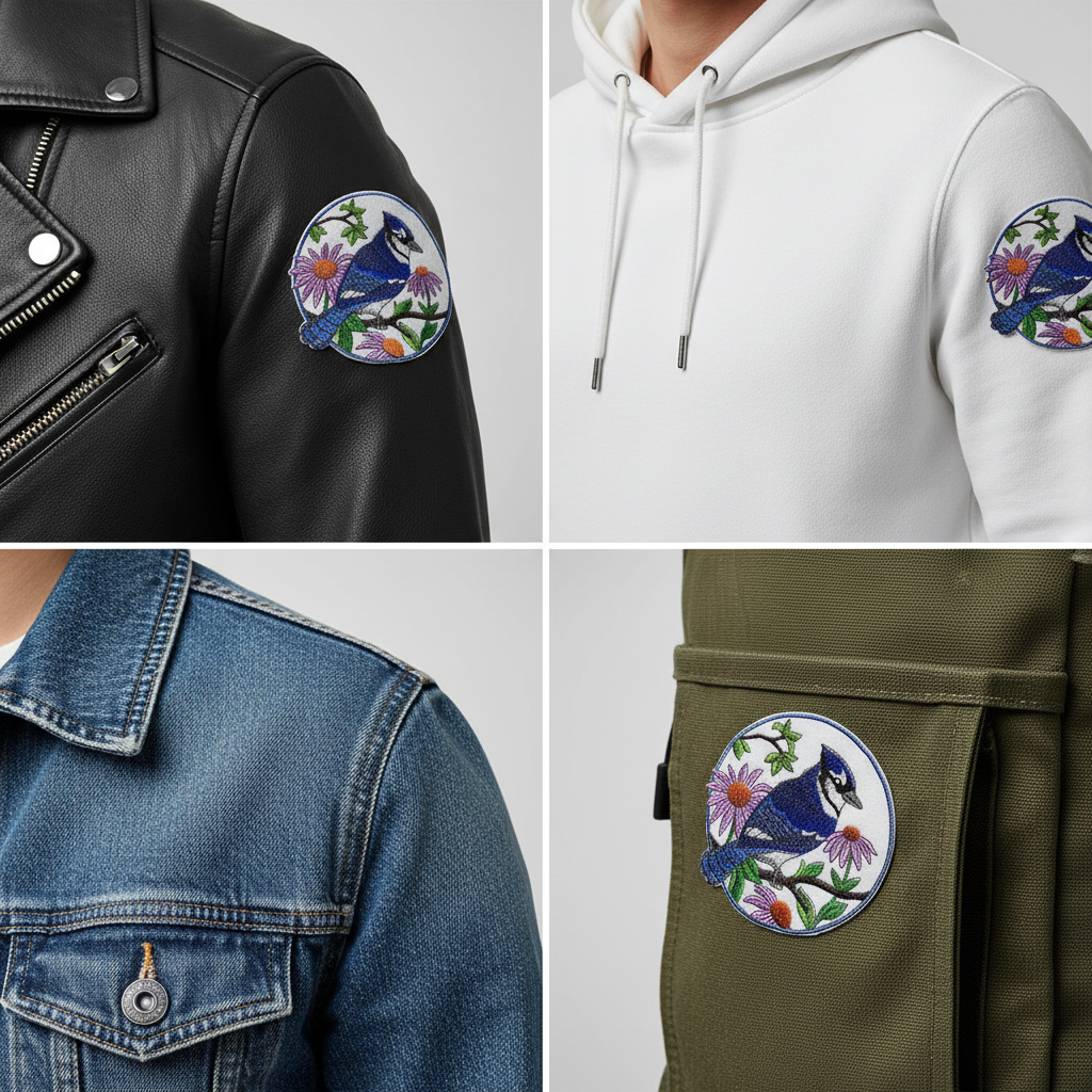 Bluejay patch shown on different fabrics - jacket, hoodie, denim, canvas bag