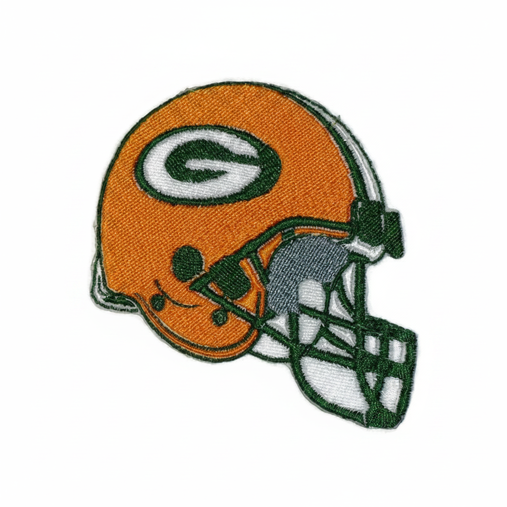 Green Bay Packers football helmet embroidered patch on a white background