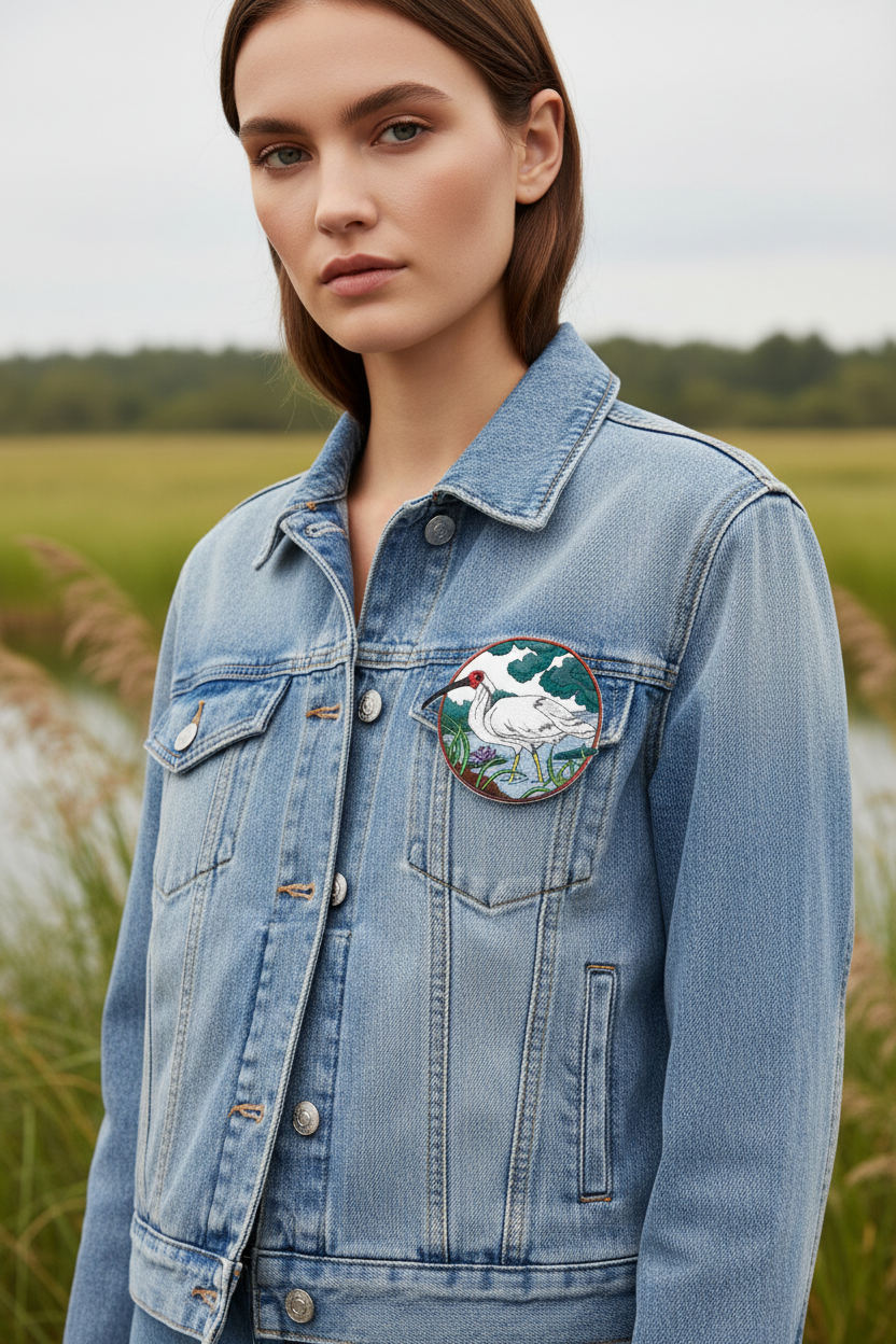 Model wearing denim jacket with whooping crane patch on chest