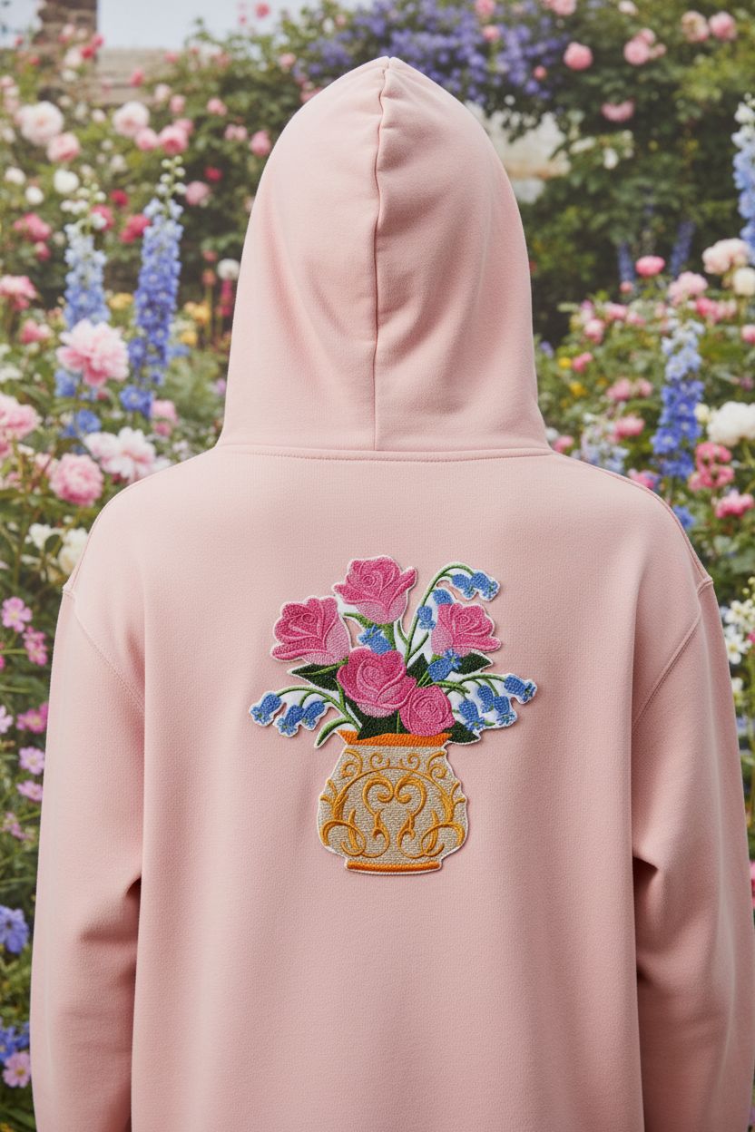 Model wearing hoodie with Victoria Rose and Blue Bells patch on back in cottage garden