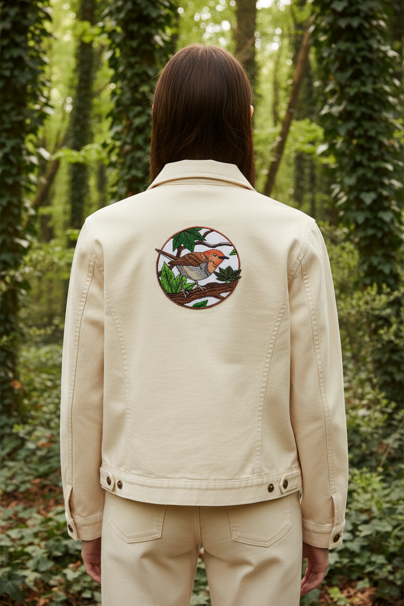 Model wearing jacket with hermit thrush patch on back