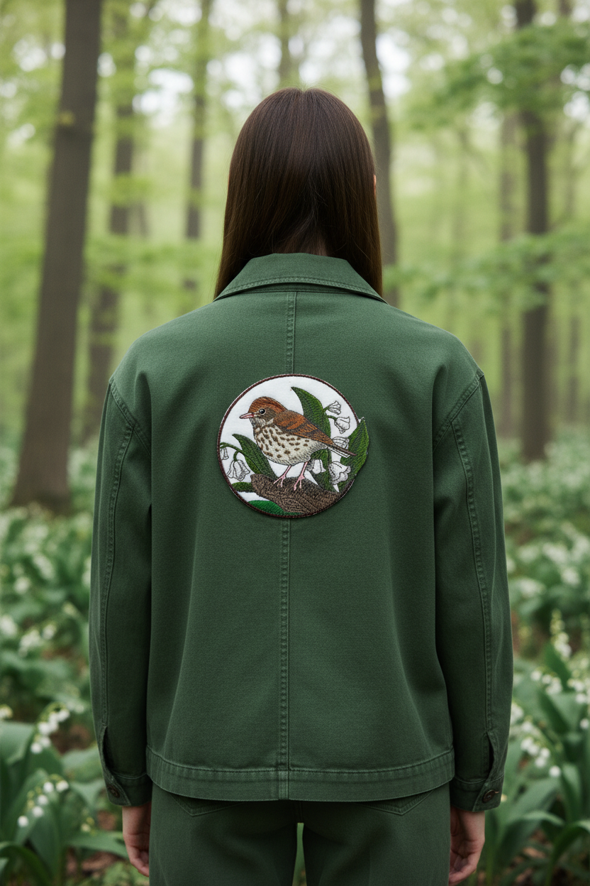 Model wearing jacket with wood thrush patch on back