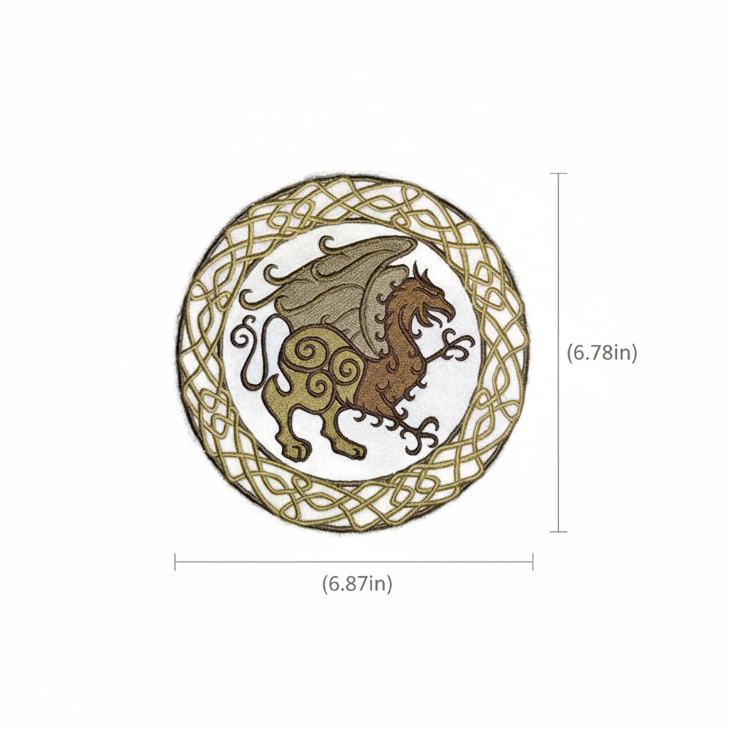 Celtic Gryphon Circle embroidered patch with size reference - 6.78 x 6.87 inches