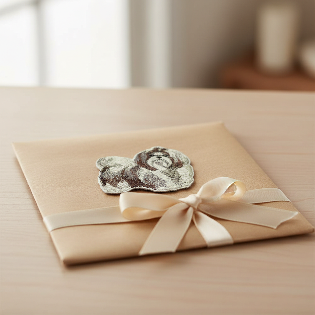Gift presentation of Shih Tzu patch on kraft paper with cream ribbon