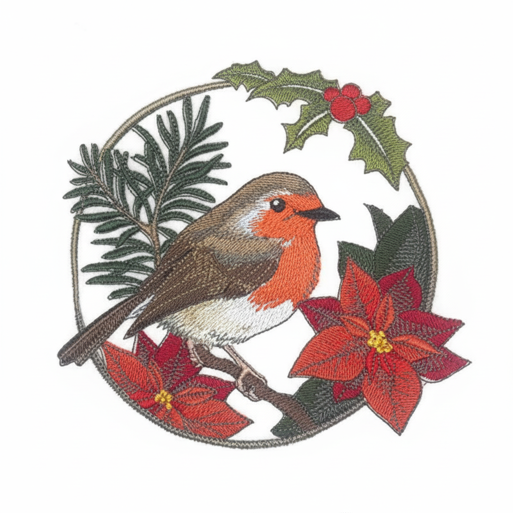European robin Christmas embroidered patch on white background