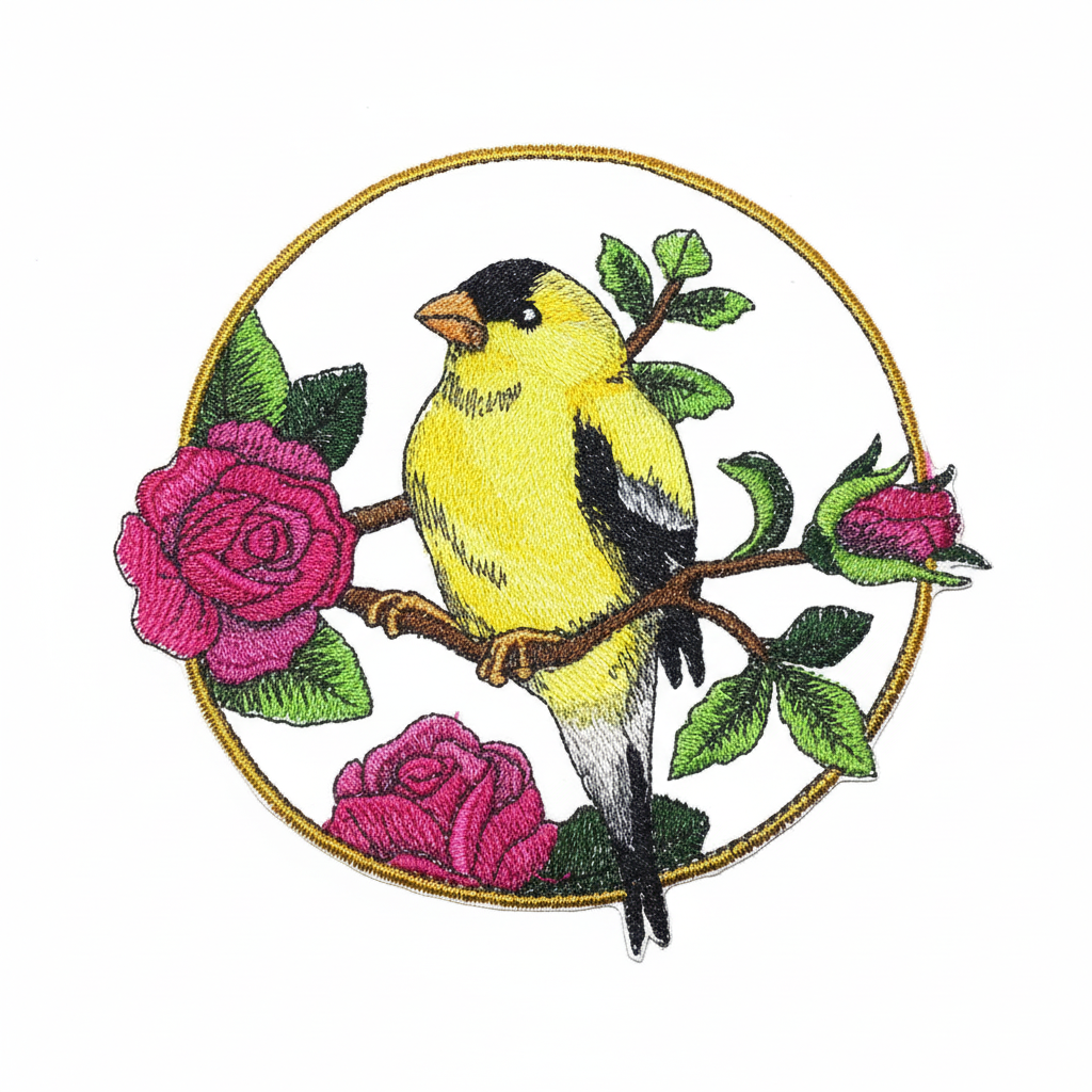 Goldfinch and rose embroidered patch on white background