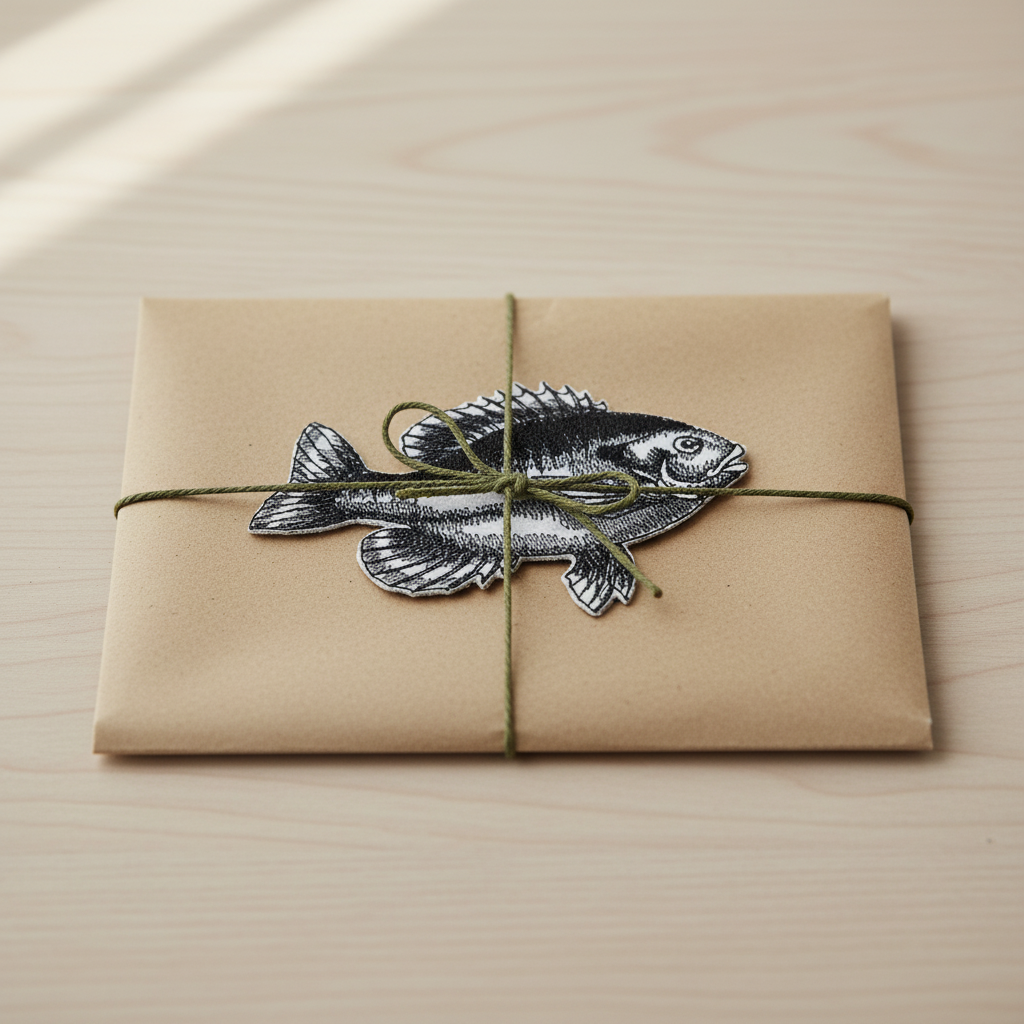 Gift presentation of fish patch on kraft paper with olive twine
