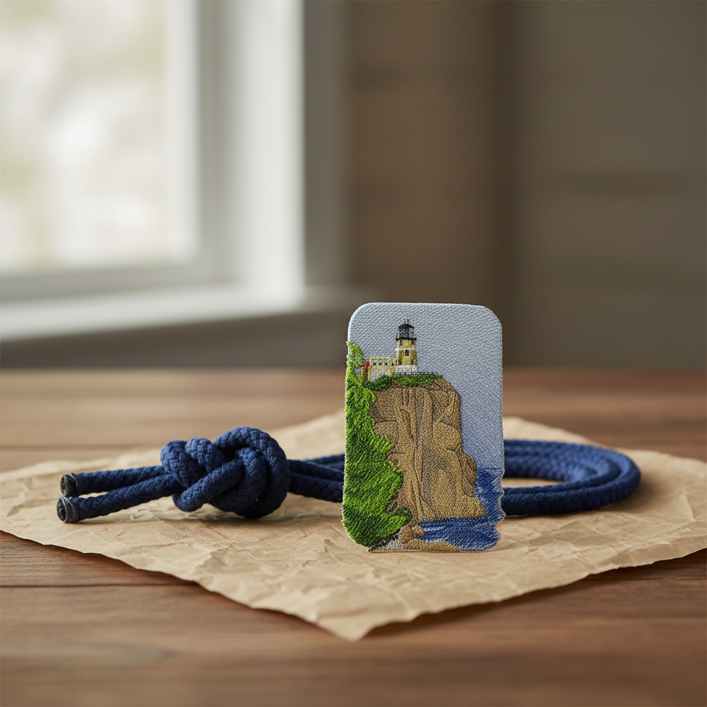 Gift presentation of Split Rock Lighthouse patch on kraft paper with nautical rope