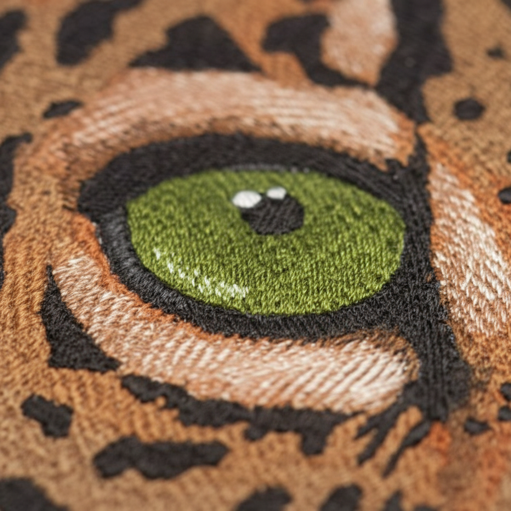 Extreme macro close-up of embroidery stitching detail on Eye of Jaguar patch