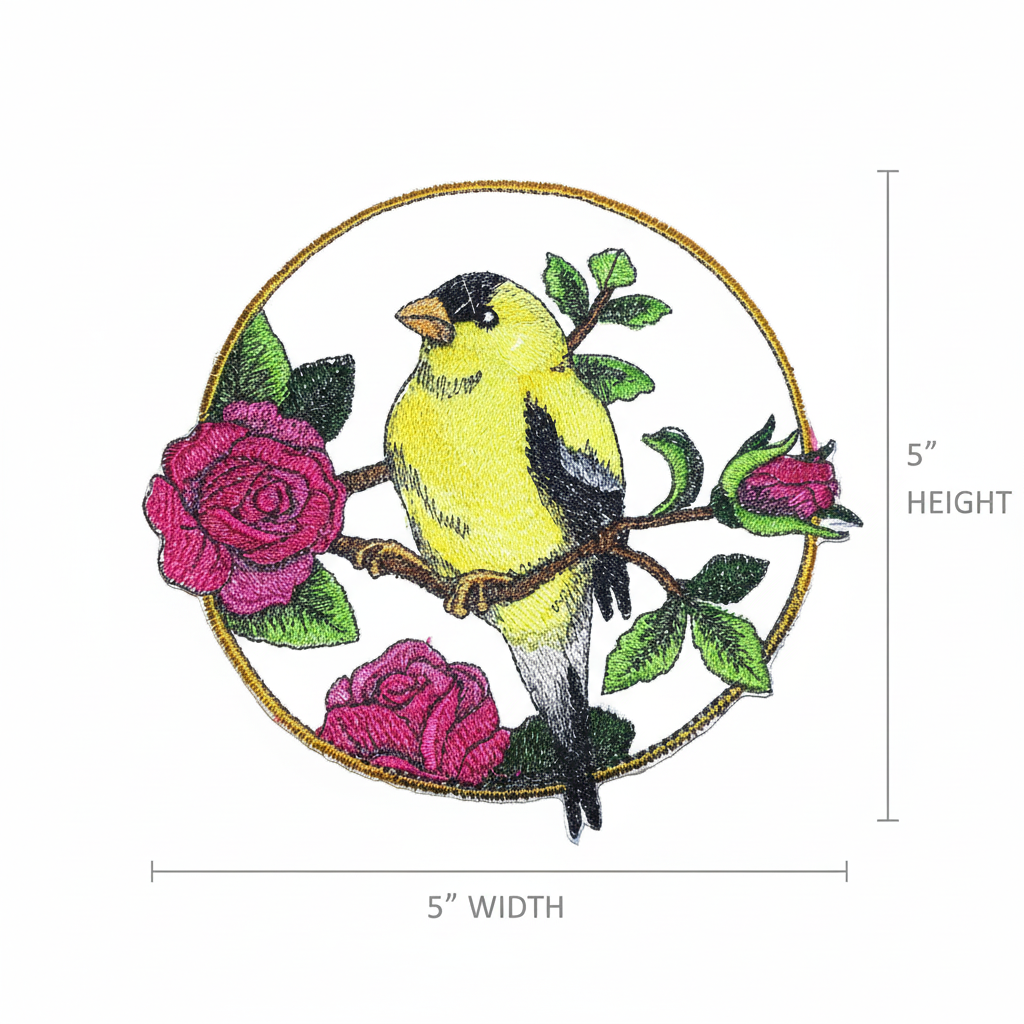 Goldfinch patch with size measurement guide showing 5 inch dimensions