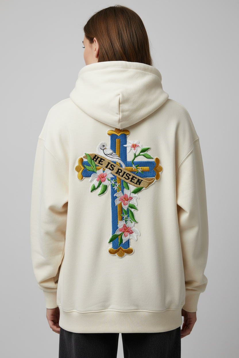 Model wearing hoodie with Easter cross patch on back