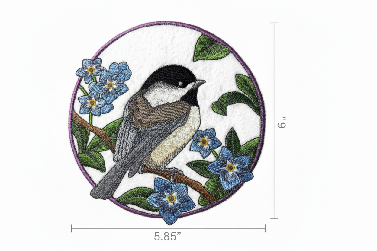 Chickadee patch with size measurement guide showing 3.9 inch dimensions