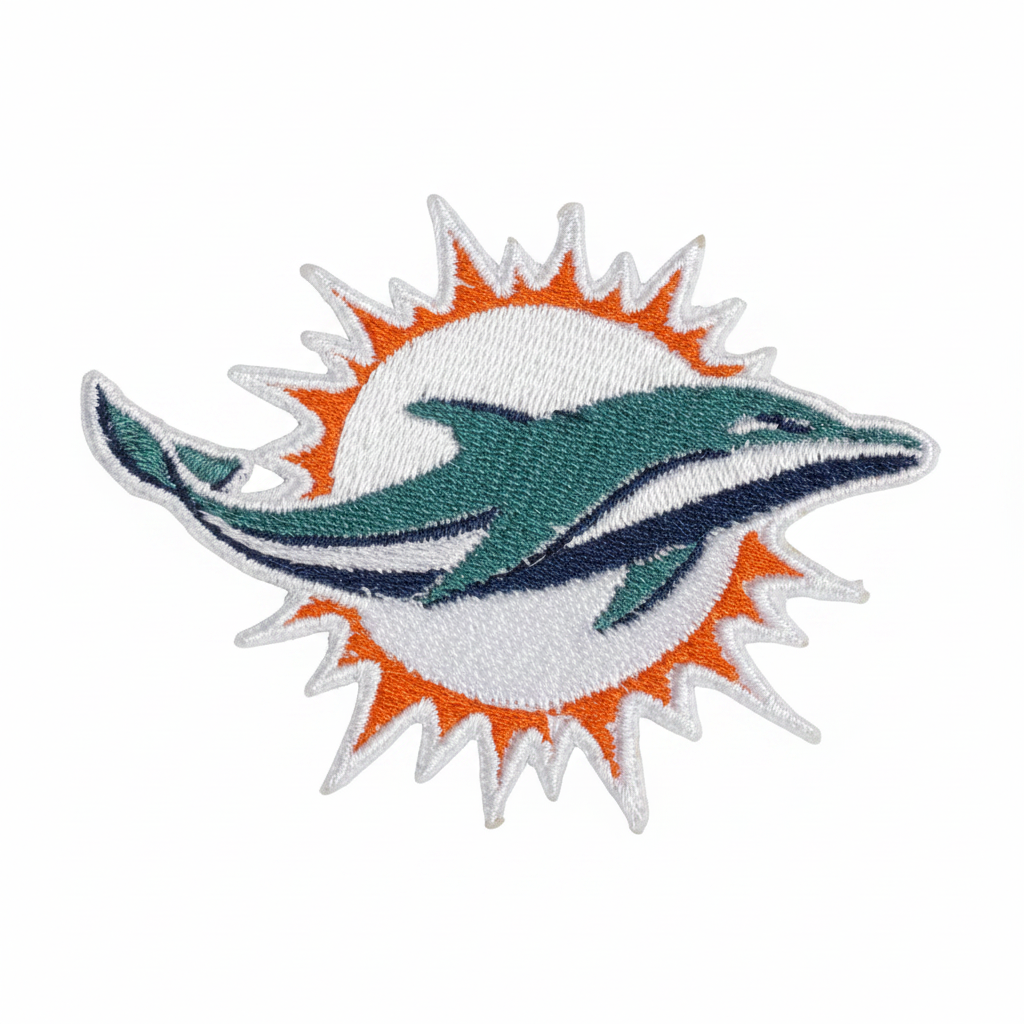 Miami Dolphins sunburst dolphin embroidered patch on a white background
