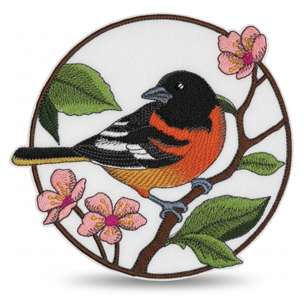 Oriole & Cherry Blossom Circle Embroidered Patch - Amazon compliant product photo on white background