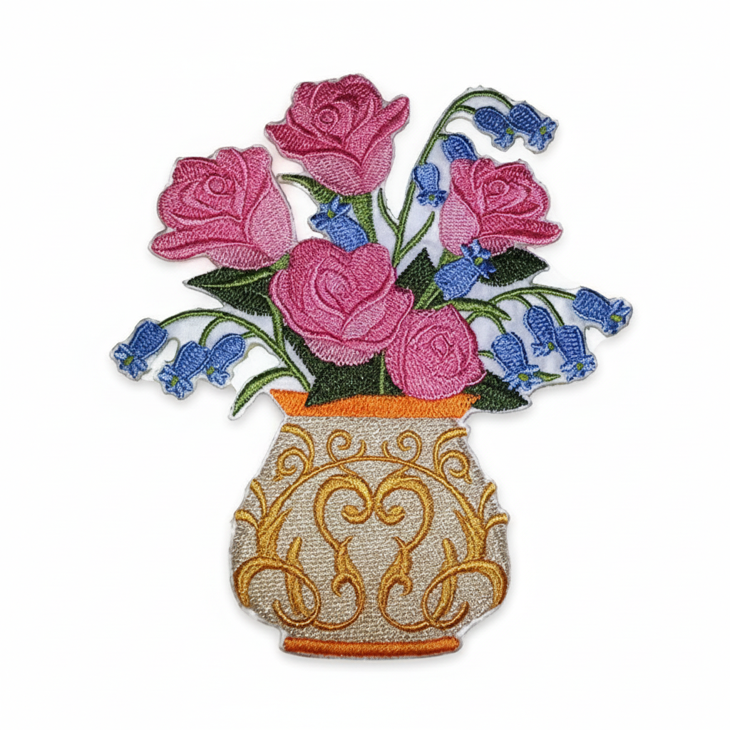 Victoria Rose and Blue Bells Embroidered Patch - Amazon compliant product photo on white background