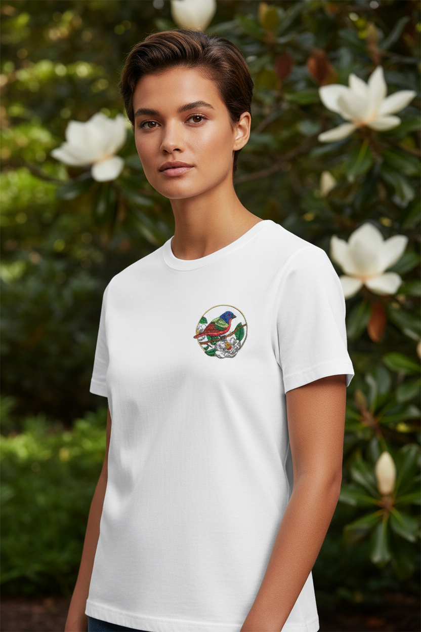 Model wearing t-shirt with painted bunting patch on chest