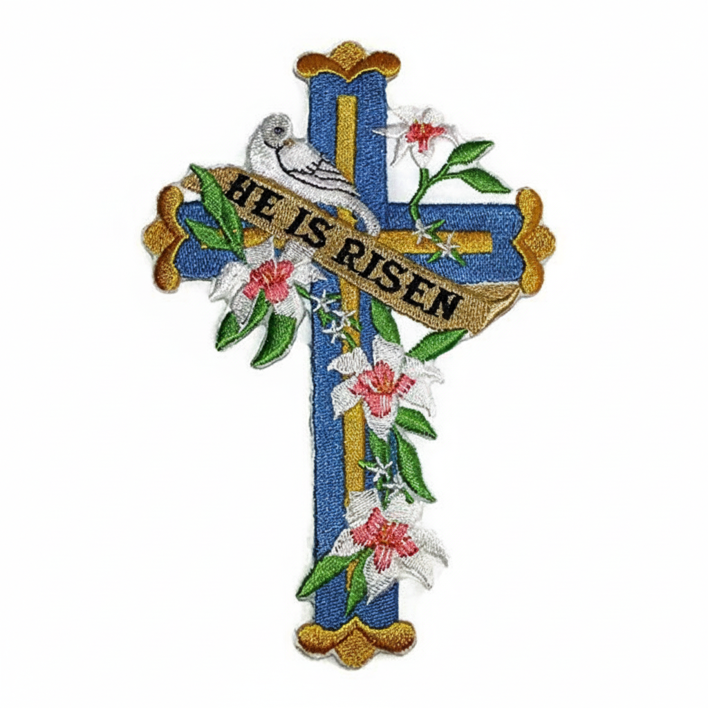 He Is Risen Easter cross embroidered patch on white background