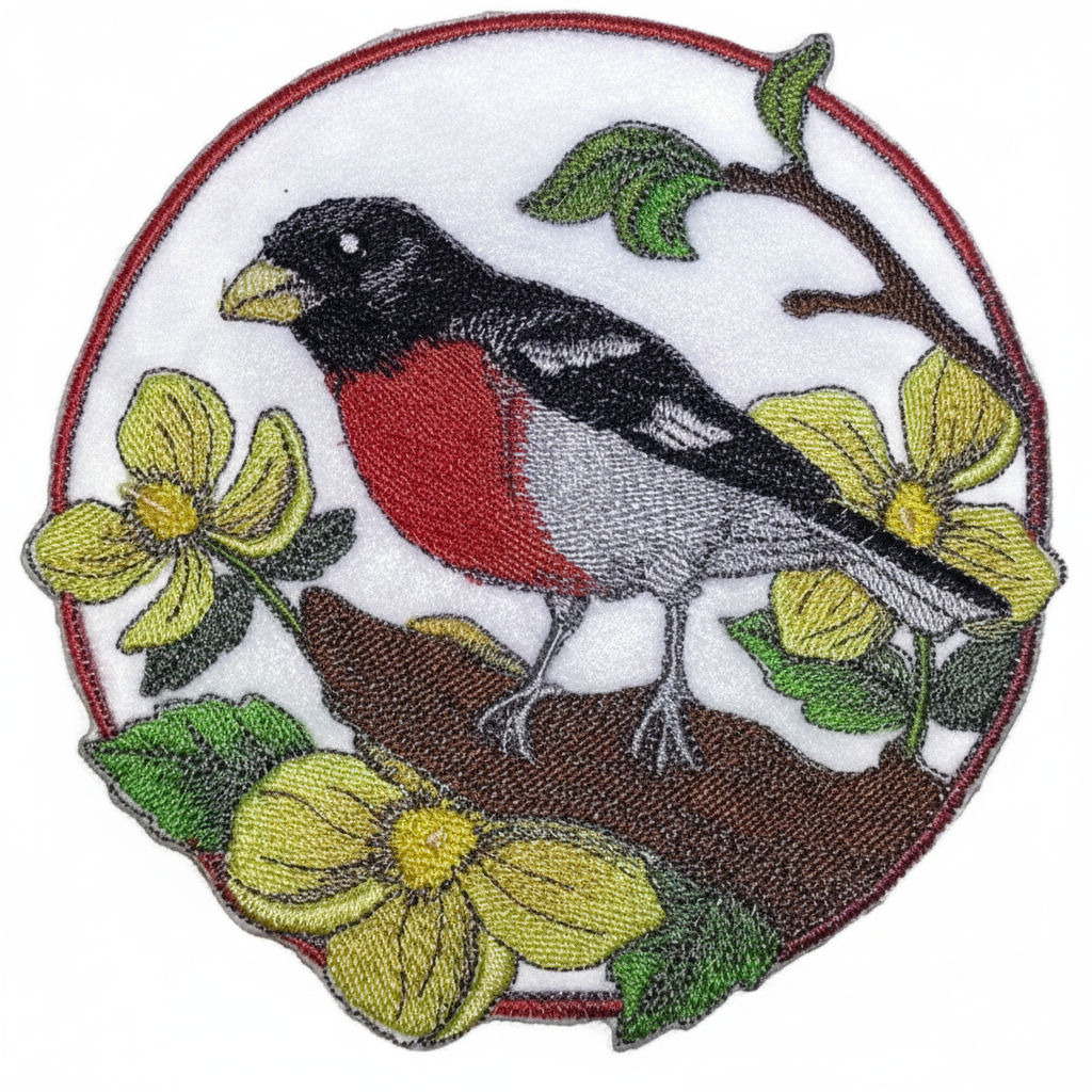 Rose-breasted grosbeak and wood poppy embroidered patch on white background