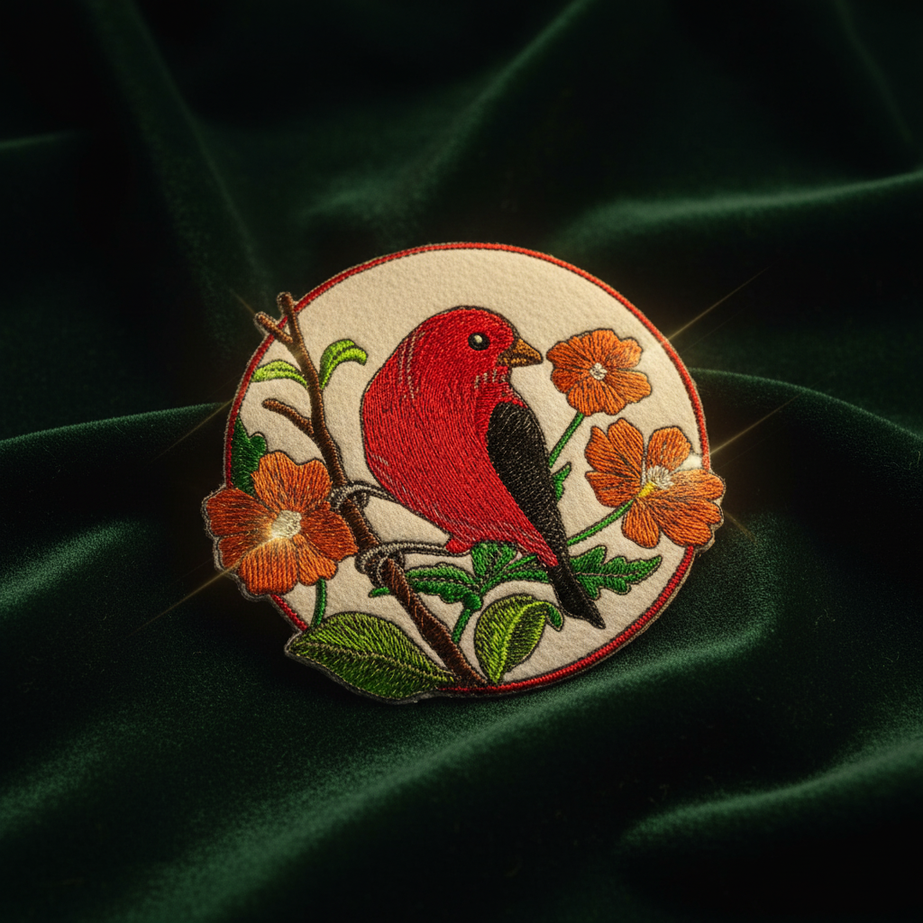 Artistic lifestyle photo of scarlet tanager patch with dramatic lighting