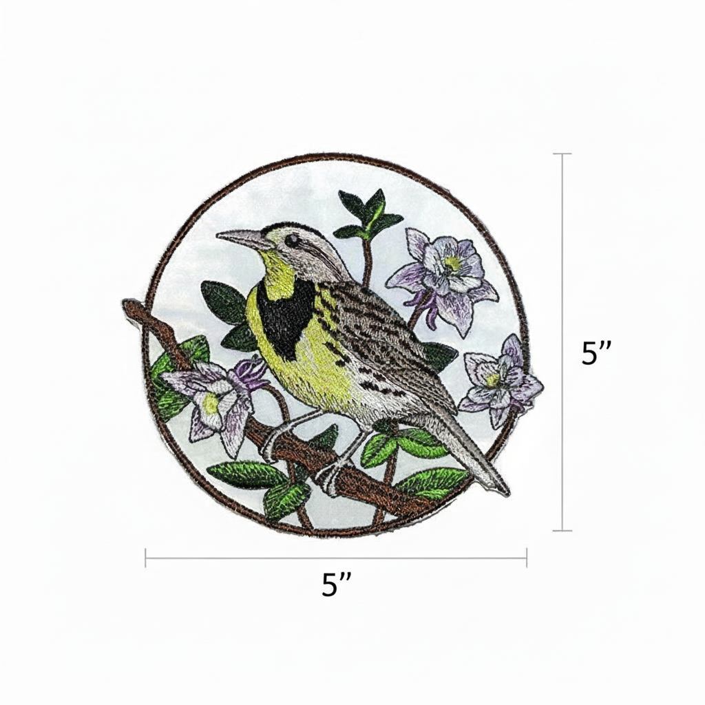 Meadowlark patch with size measurement guide showing 4 inch dimensions