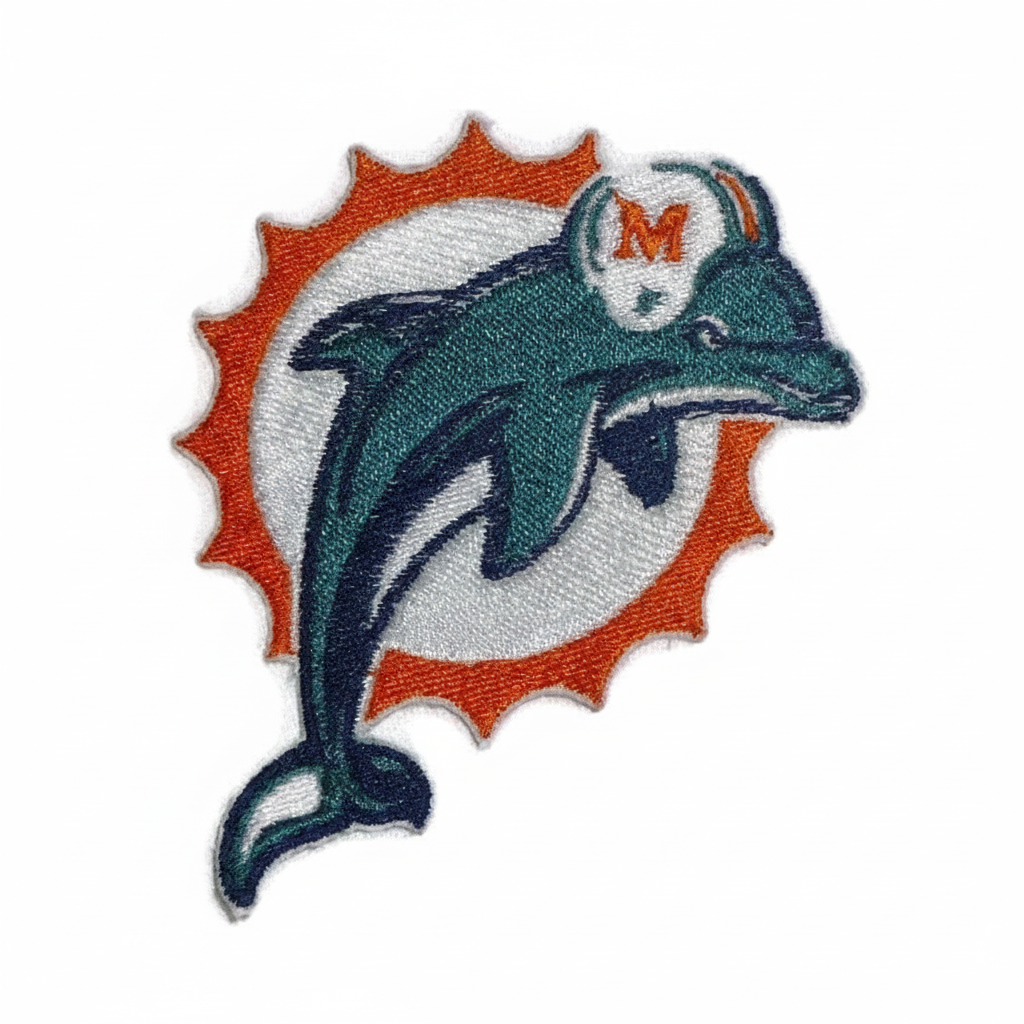 Miami Dolphins embroidered dolphin patch on a white background