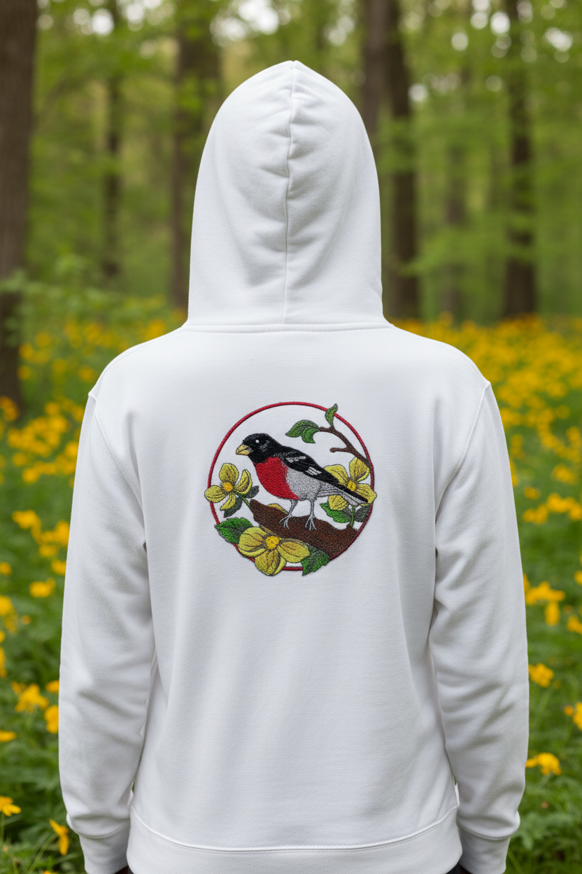 Model wearing hoodie with rose-breasted grosbeak patch on back