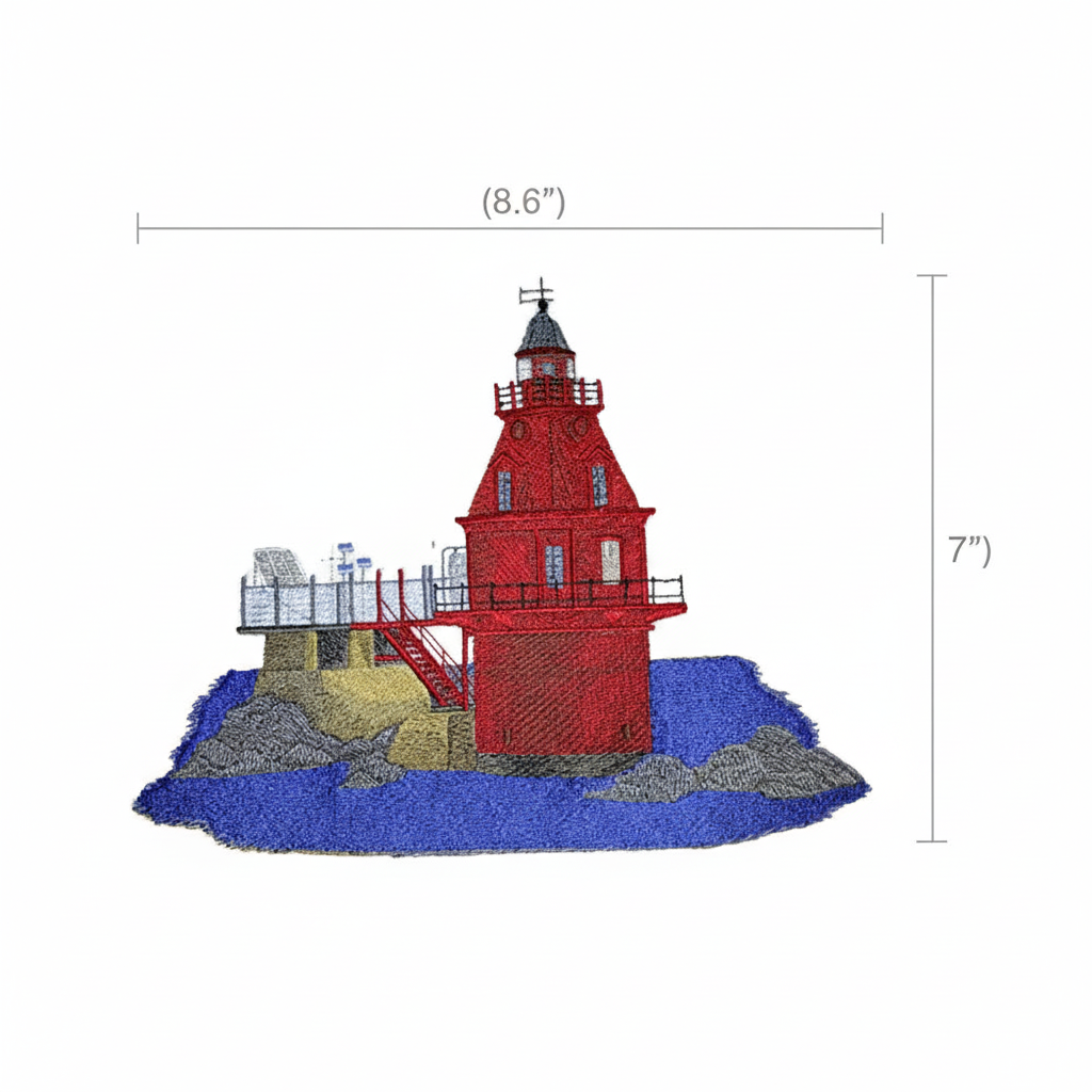Ship John Shoal Lighthouse patch with size reference measuring lines showing 8.6 x 7 inch dimensions