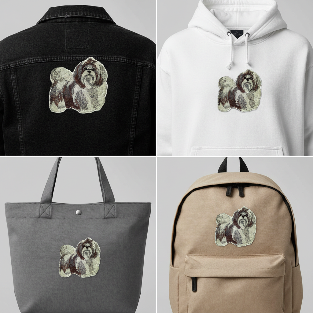 Grid comparison showing Shih Tzu patch on jacket, hoodie, tote bag, and backpack