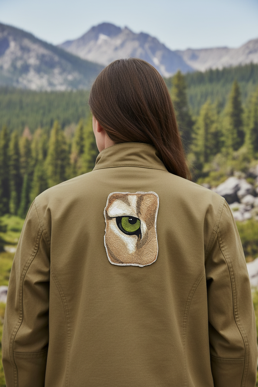 HD wildlife cougar patch on jacket back with mountain wilderness background
