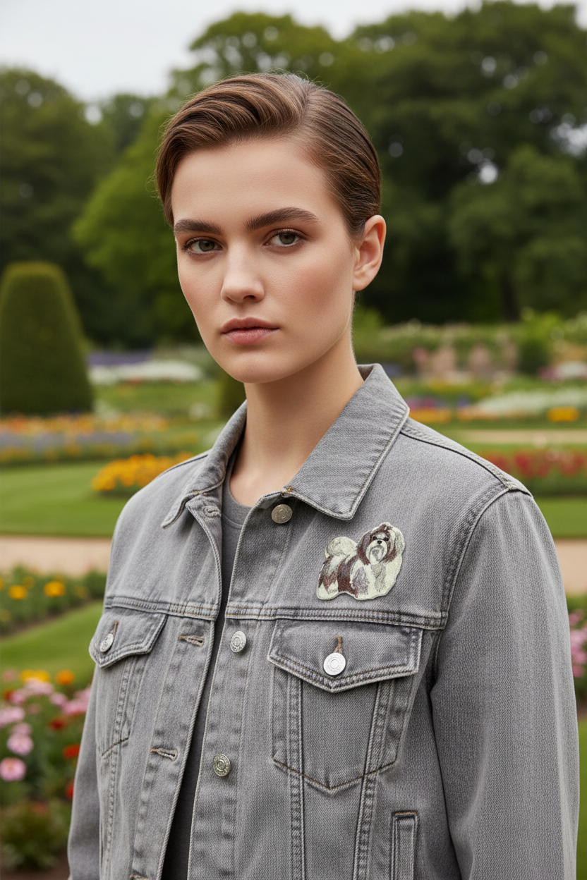 Fashion model wearing jacket with Shih Tzu patch on chest in park scene