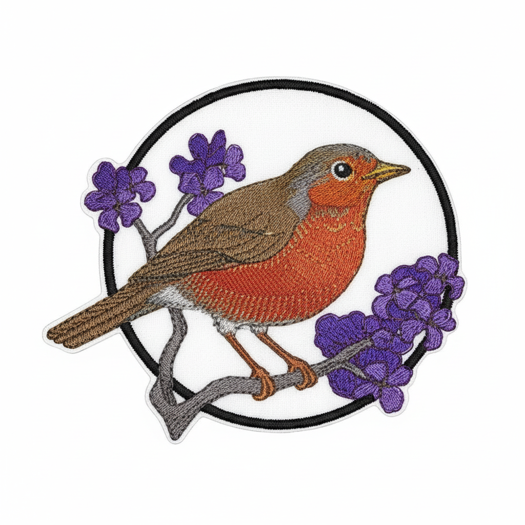 Robin and violet embroidered patch on white background