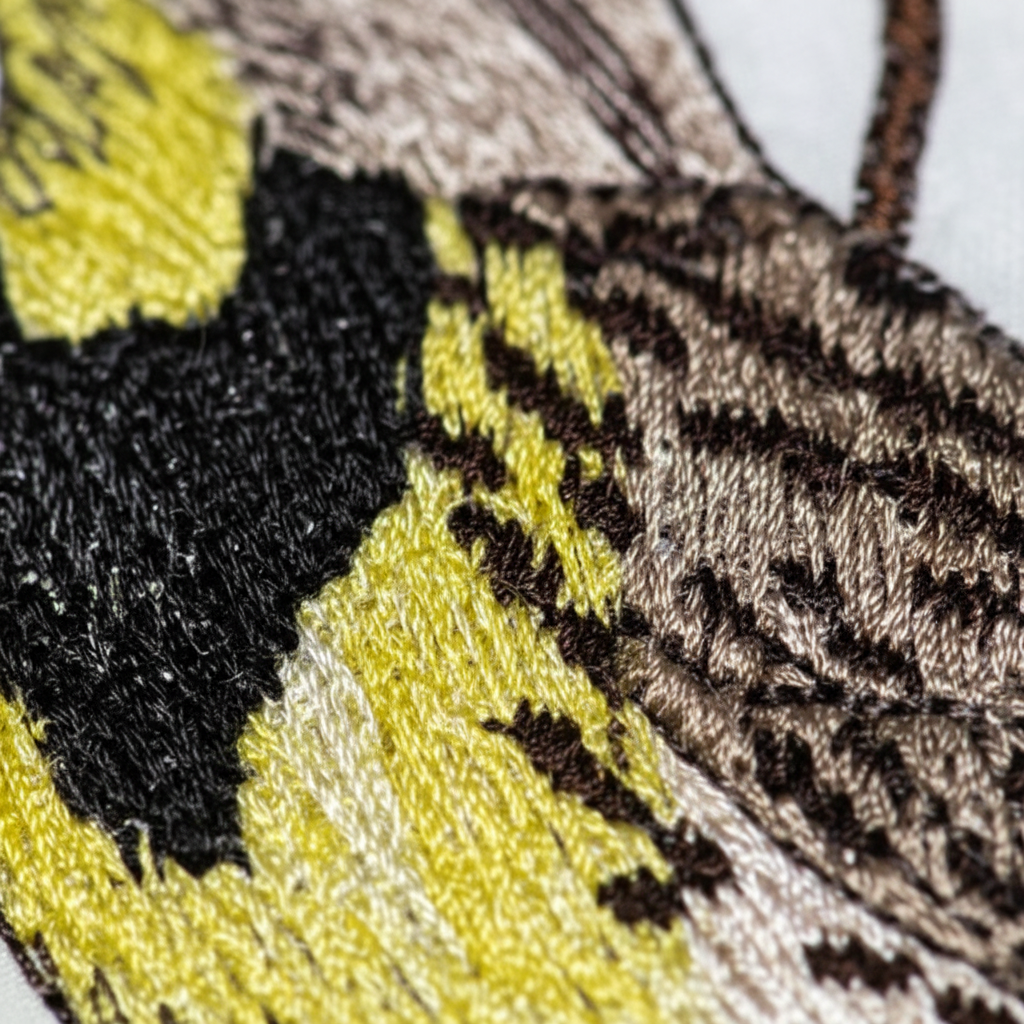 Extreme macro close-up of yellow and black embroidery stitching detail